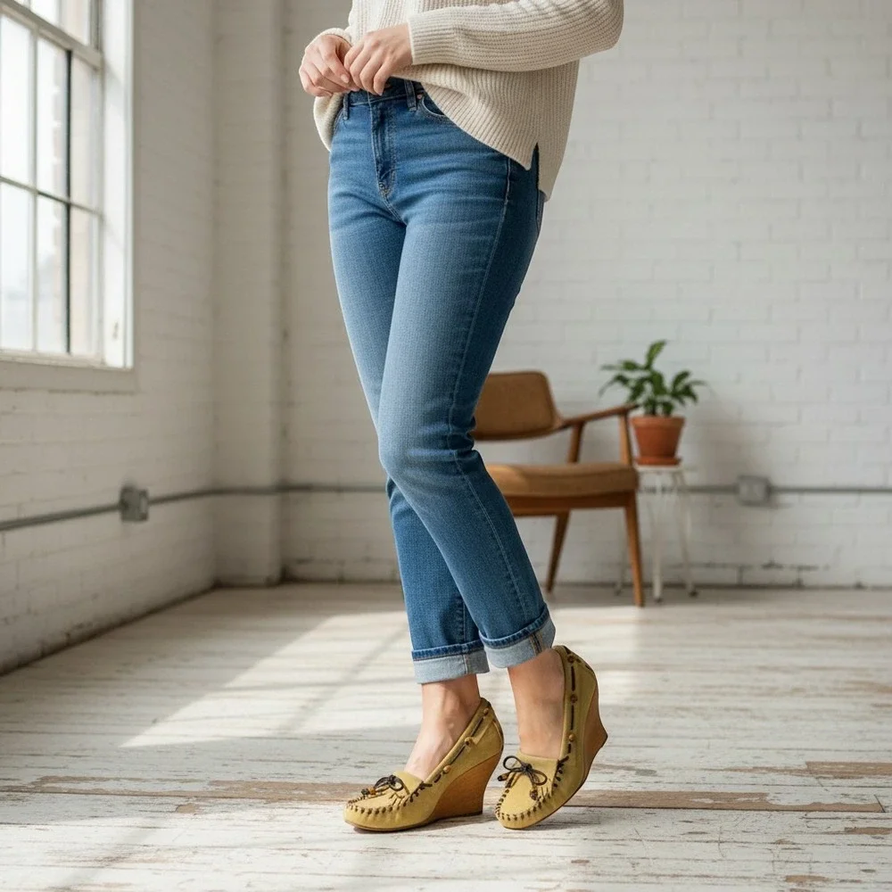 Sam Edelman Mustard Suede Moccasin Wood Wedge Heels Fringe Beads Size 8M Brazil